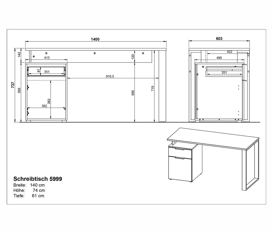 Schwarz-weiße Darstellungen des Schreibtischs mit Container »Hasselt« mit Bemaßungen.