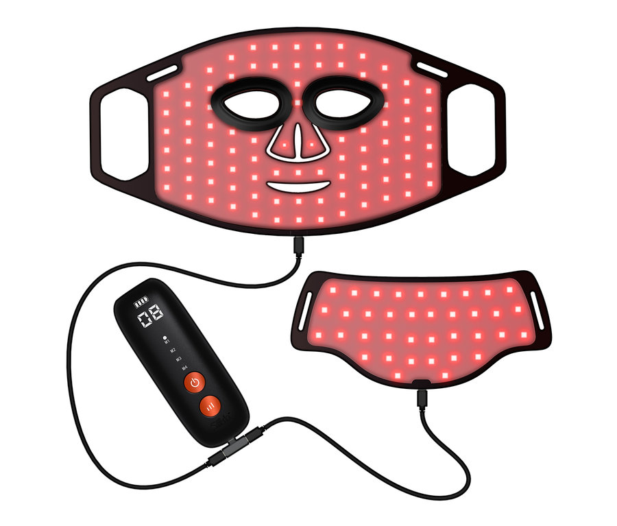 Silk'n Dual-LED-Set Gesichts- und Halsmaske mit roten Lichtern und Steuergerät.