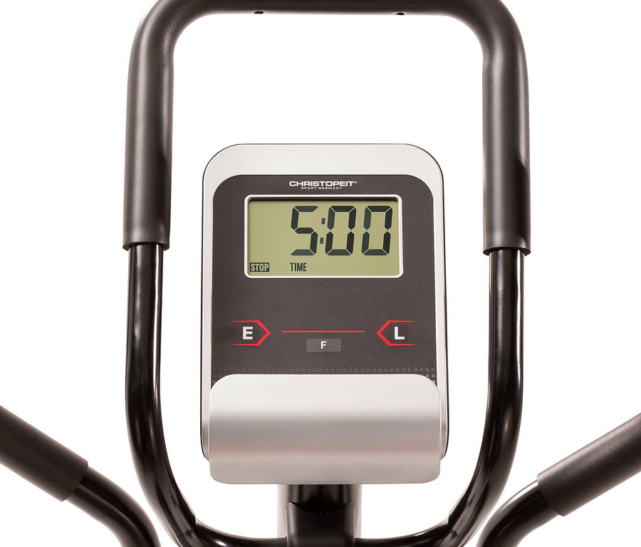 Detailaufnahme des Displays vom Christopeit Hybrid Crosstrainer 2-in-1 »AX 6500«, das die Zeit 5:00 anzeigt.