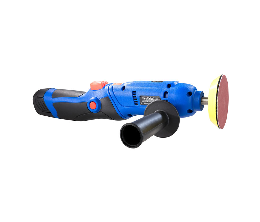 Detailaufnahme einer Westfalia Akku-Poliermaschine mit schwarzem Griff, blauem Gehäuse und Polierscheibe.