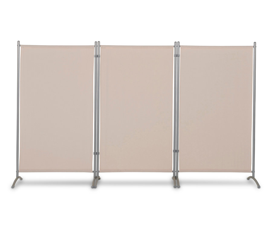 Beige Leco Stellwand, 3-teilig, mit Metallrahmen.