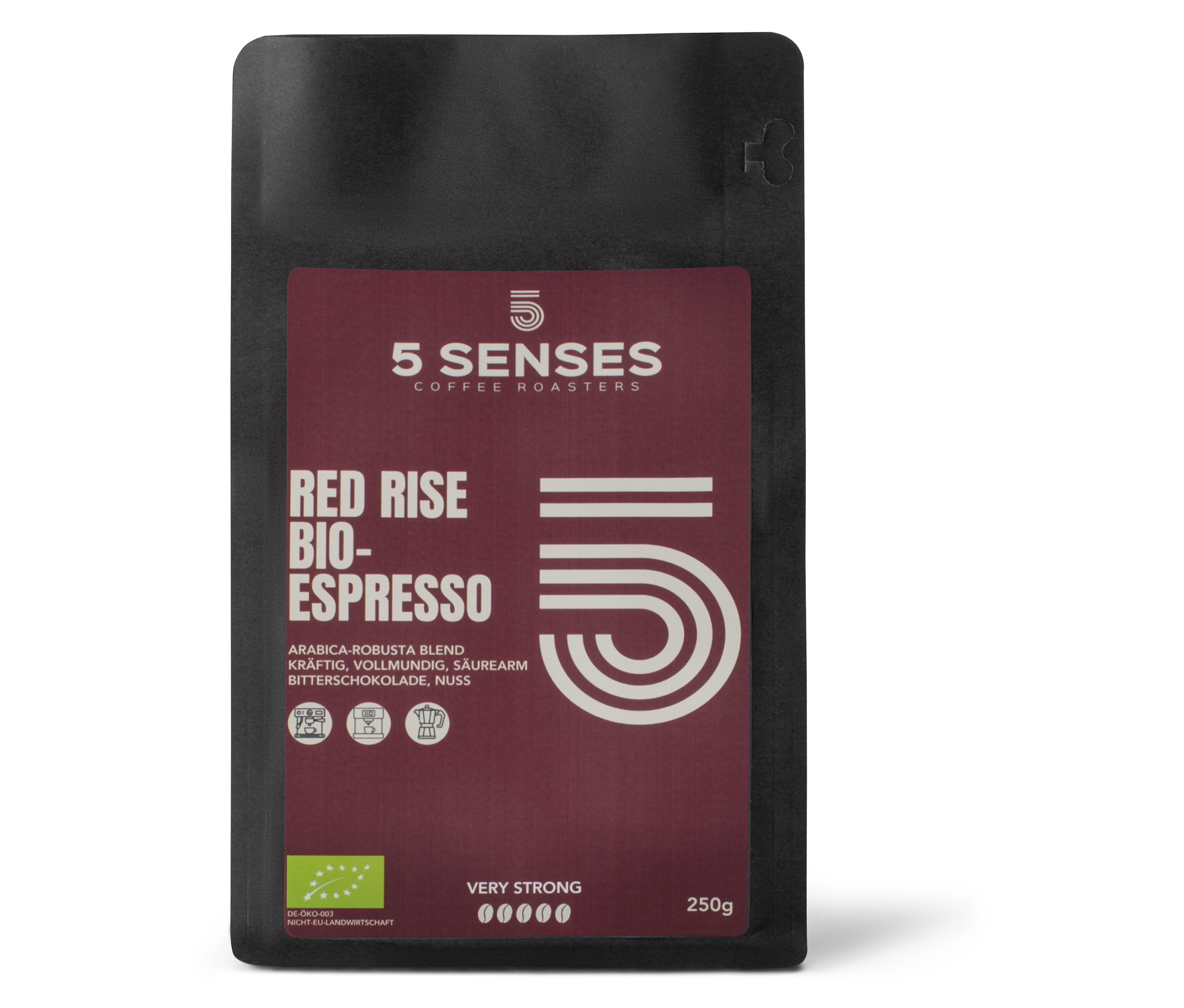 Eine 250-g-Packung 5 Senses Red Rise Bio-Espresso.