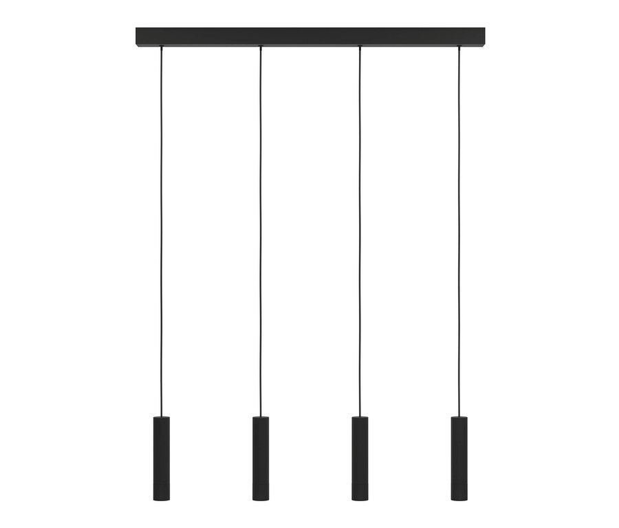 Schwarze Eglo Pendelleuchte »Almudaina« mit vier zylindrischen Leuchten, die von einer rechteckigen Basis hängen.