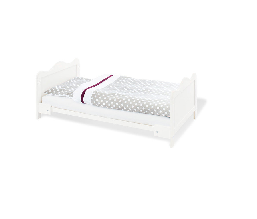 Weißes Kinderbett mit grau-weiß gepunkteter Bettwäsche und lila Rand. 3-teiliges Pinolino Set »Florentina« breit.