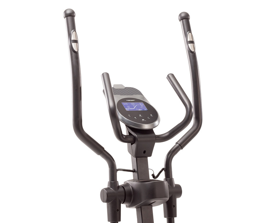 Detailaufnahme der schwarzen Konsole und Griffe des Christopeit Sport Crosstrainer-Ergometers »EL 8000«.