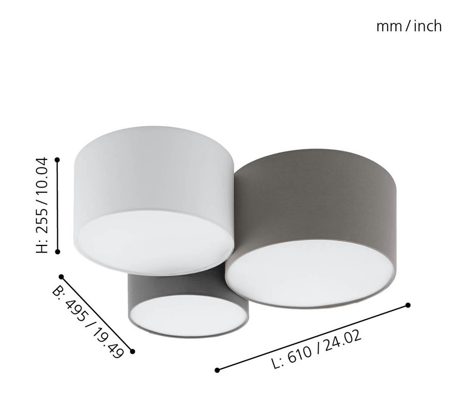 Abmessungen der Eglo Deckenleuchte Pastore: Höhe 255 mm, Breite 495 mm und Länge 610 mm.