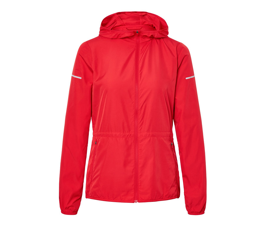 Eine rote Lightweight-Laufjacke mit Kapuze und reflektierenden Details.