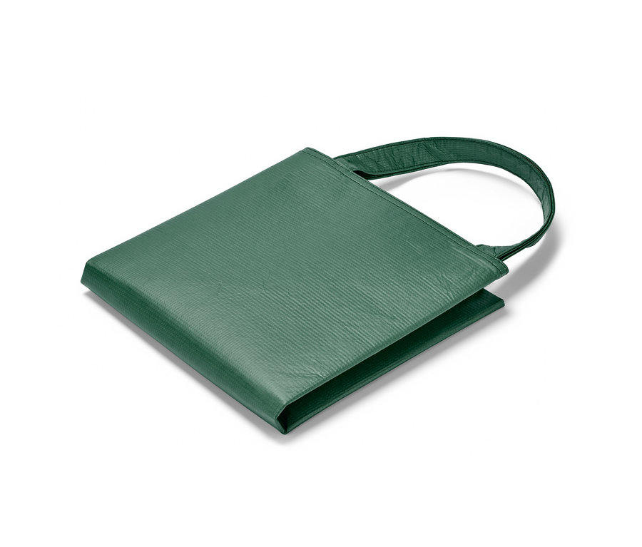 Eine geschlossene, grüne Gartenabfalltasche mit zwei Griffen liegt auf einem weißen Hintergrund.