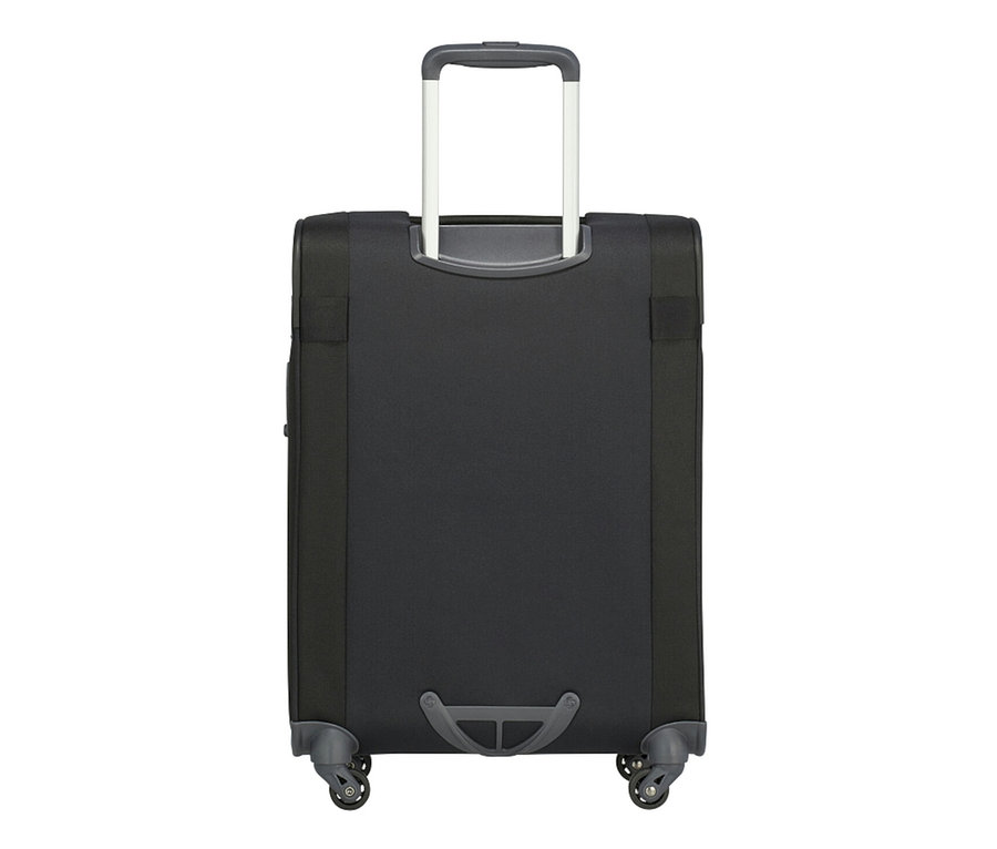 Ein schwarzer Samsonite CITYBEAT SPINNER, klein, mit ausgezogenem Griff und Rädern.