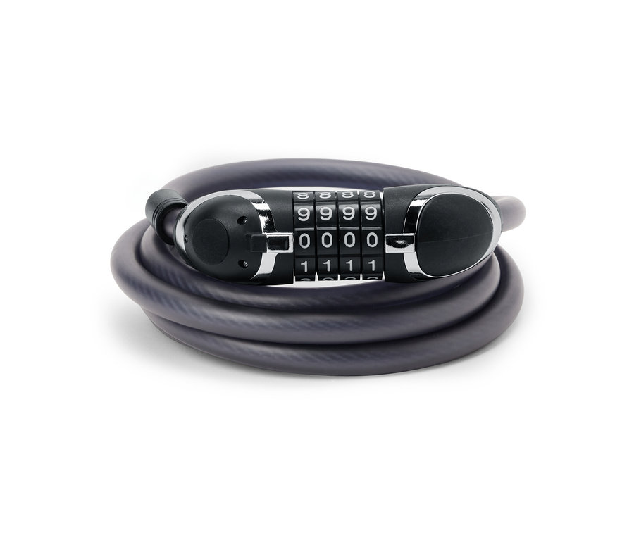 Ein extralanges Universal-Stahlkabelschloss liegt zusammengerollt.