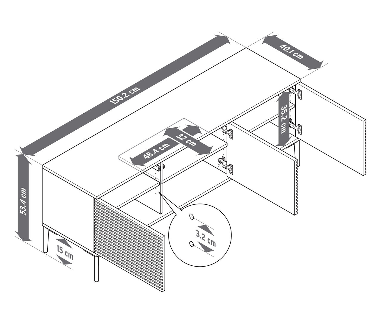 Illustration eines Lowboards »REET« mit Lamellenoptik und Abmessungen.