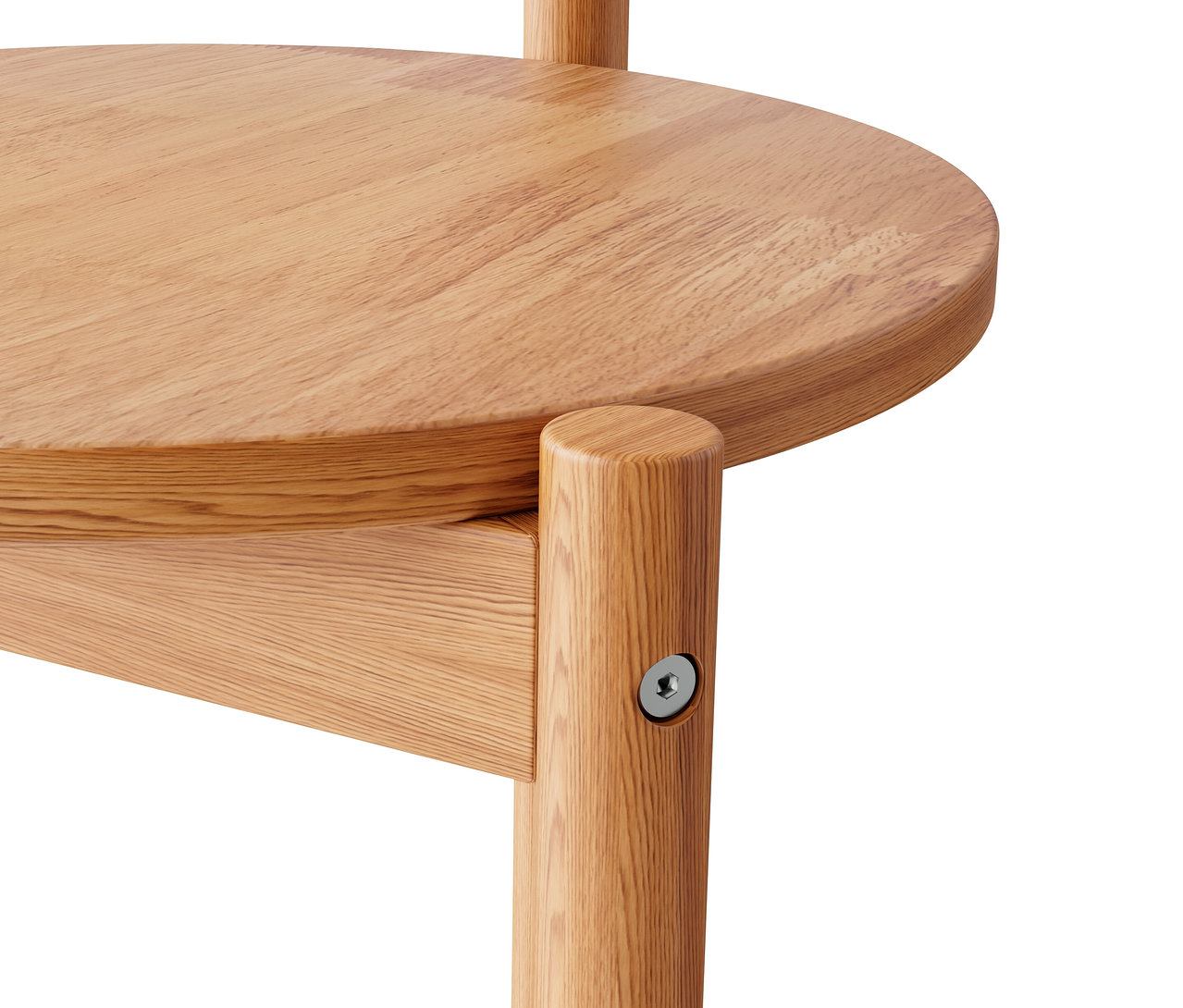 Detailaufnahme einer runden Sitzfläche aus hellem Holz mit sichtbarer Schraube.