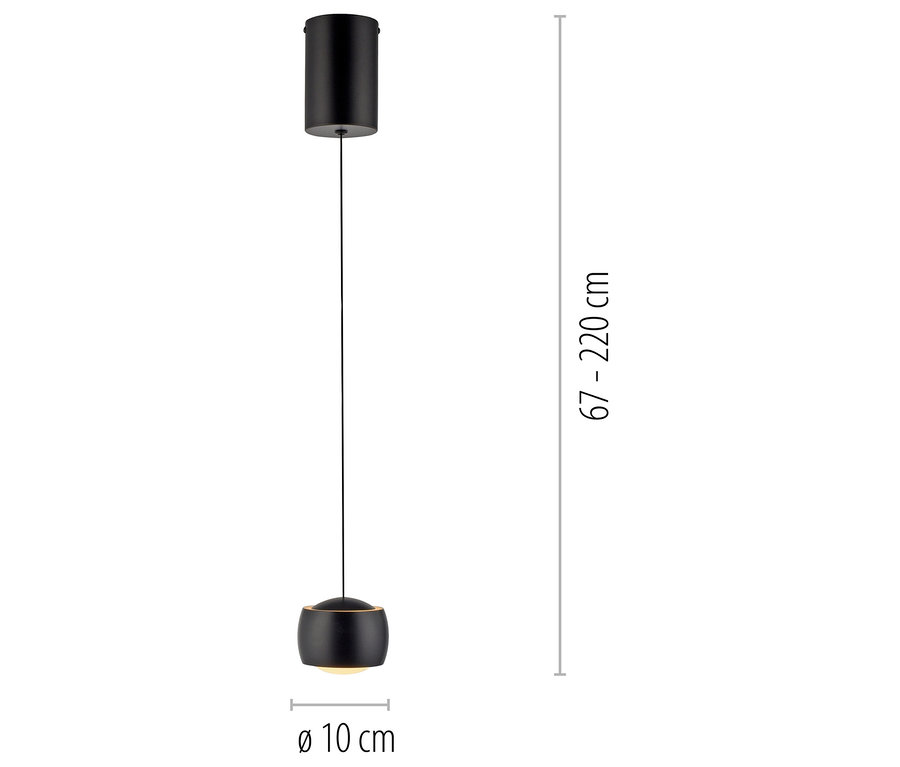 Schwarze Hängeleuchte mit zylindrischer Deckenhalterung und kugelförmigem Lampenschirm mit einem Durchmesser von 10 cm.