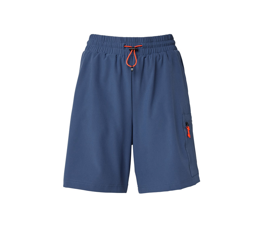 Blaue packbare Shorts mit orangefarbenem Kordelzug und Reißverschlusstasche.