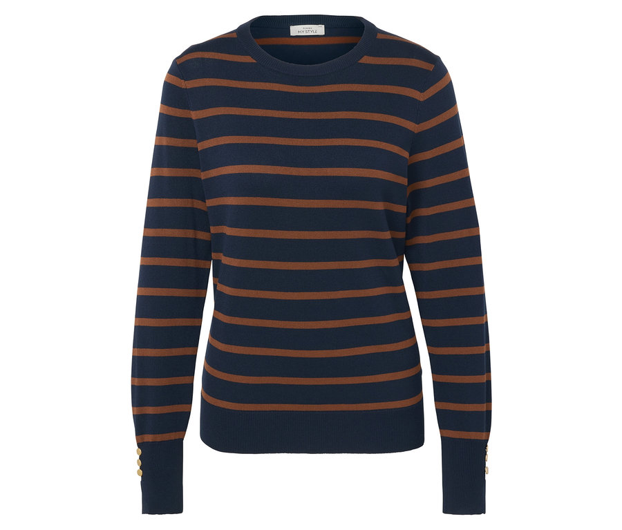 Blauer Pullover mit braunen Streifen.