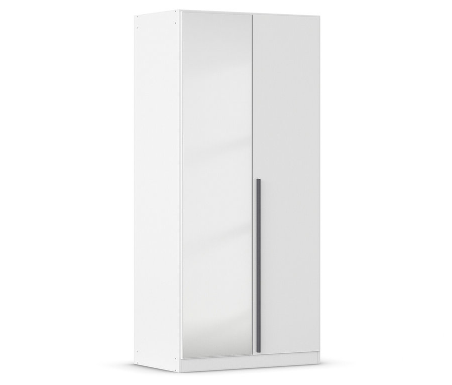 Weißer Schrank mit zwei Türen und einem vertikalen silbernen Griff.