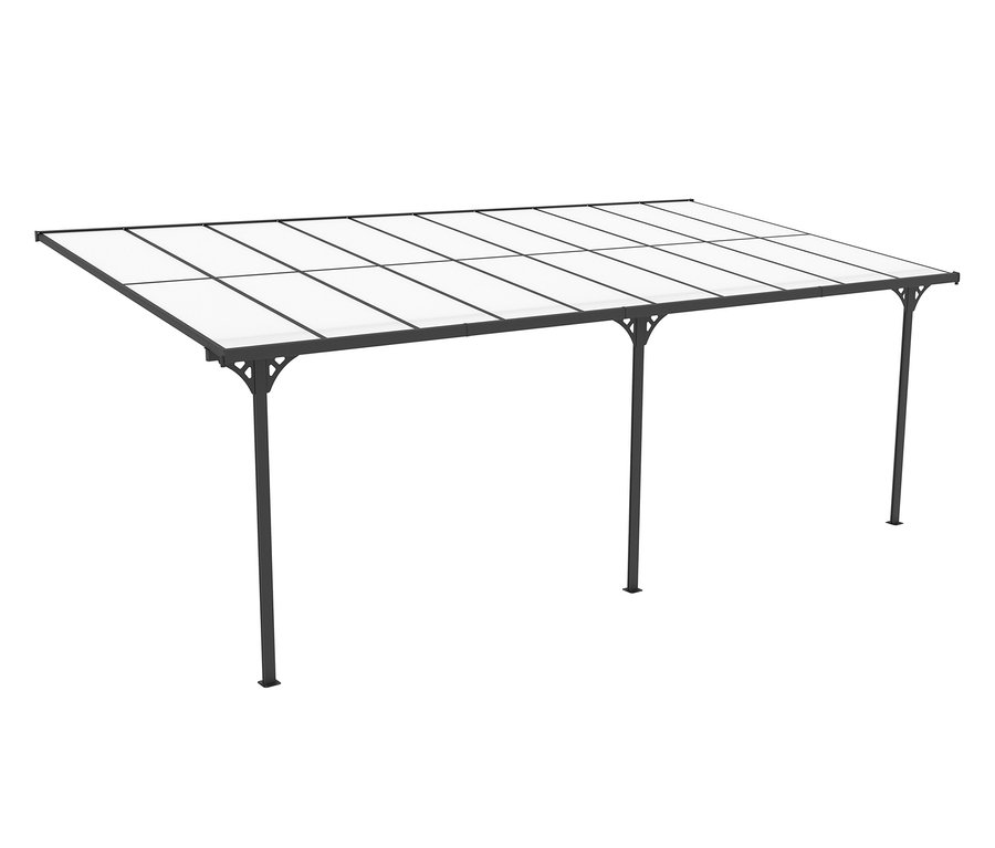 Anthrazitfarbene Terrassenüberdachung, Breite ca. 617 cm.