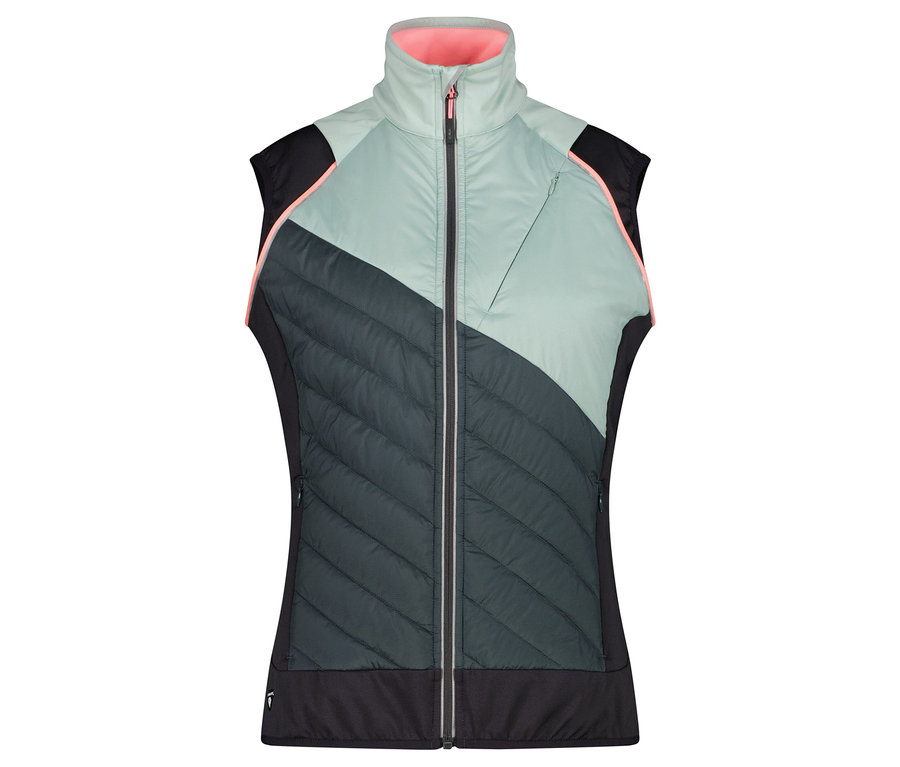 Gesteppte Damenweste mit Colour-Blocking in Grün, Schwarz und Pink.