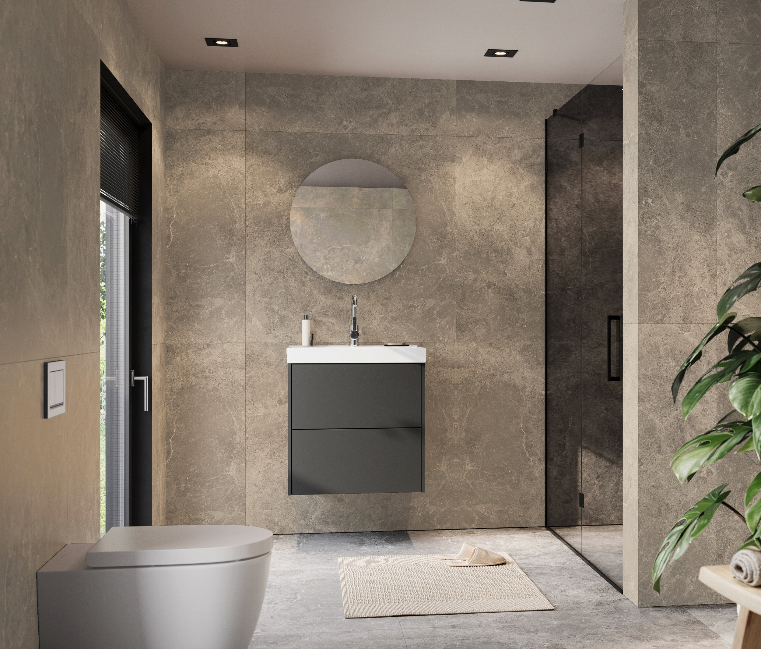 Ein Badezimmer mit Toilette, Waschbecken und Dusche.