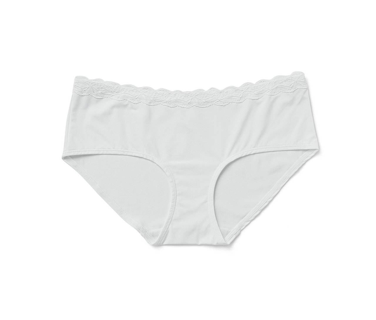 Ein weißer Slip der "5 Pantys", mit Spitze, liegt auf einem weißen Hintergrund.