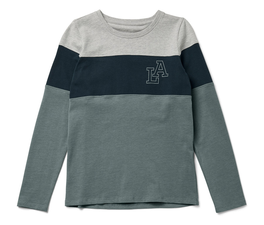 Dreifarbiges Langarmshirt mit grauem Oberteil, dunkelblauem Mittelteil und Graugrünem Unterteil sowie LA-Logo.