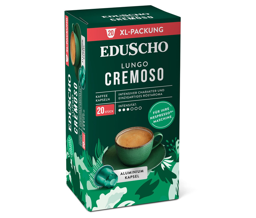 Verpackung von EDUSCHO Lungo Cremoso Kaffeekapseln, XL-Packung mit 20 Stück.