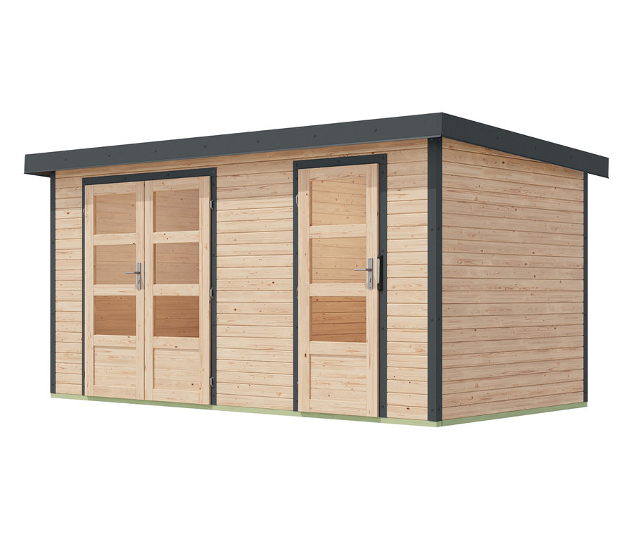 Außenansicht des Karibu Gerätehaus »Mars« mit zwei Räumen und Metalldach, 19 mm, naturfarben.