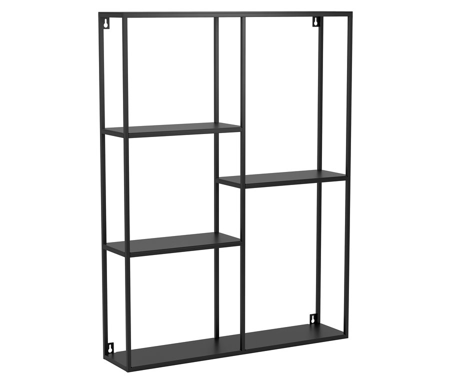 Schwarzes Wandregal mit mehreren Fächern in unterschiedlichen Größen.