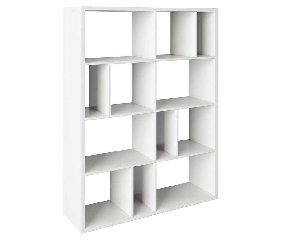 Weißes Bücherregal mit zwölf Fächern, aufgenommen im Studio.