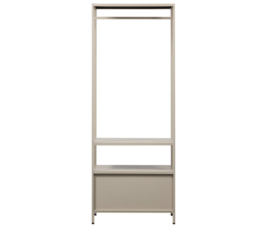 Freistehender, beiger Kleiderschrank mit Stange, Regal und Schublade.