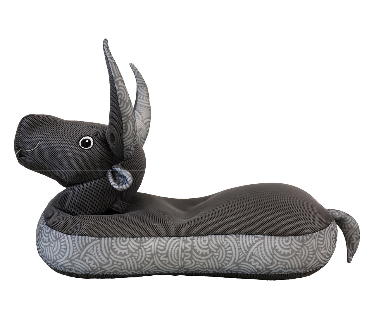 Ein graues Stofftier in Form eines Esels liegt auf der Seite. Das Spielzeug hat lange Ohren und ein Muster auf dem Bauch.