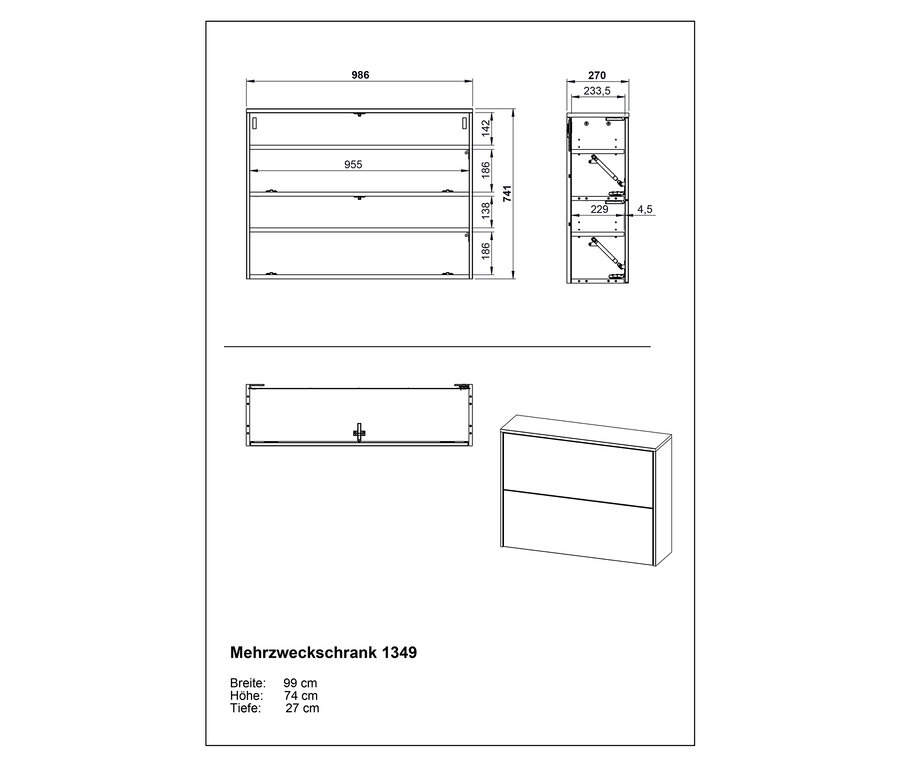 Technische Zeichnung eines Mehrzweckschranks 1349 mit Breiten-, Höhen- und Tiefenangaben.