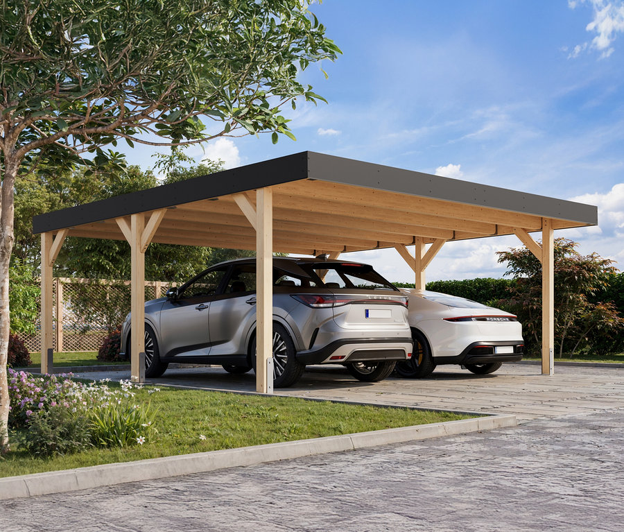 Zwei Autos stehen unter einem Karibu Doppel-Carport auf einer Einfahrt.