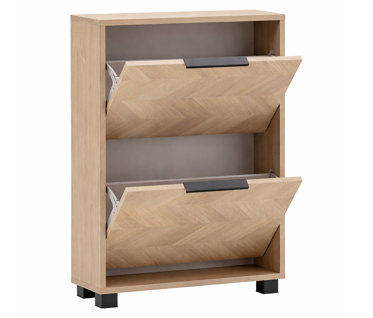 Geöffneter Schuhkipper »Piazza« mit 2 Klappen im Eichen- und Fischgräten-Dekor.