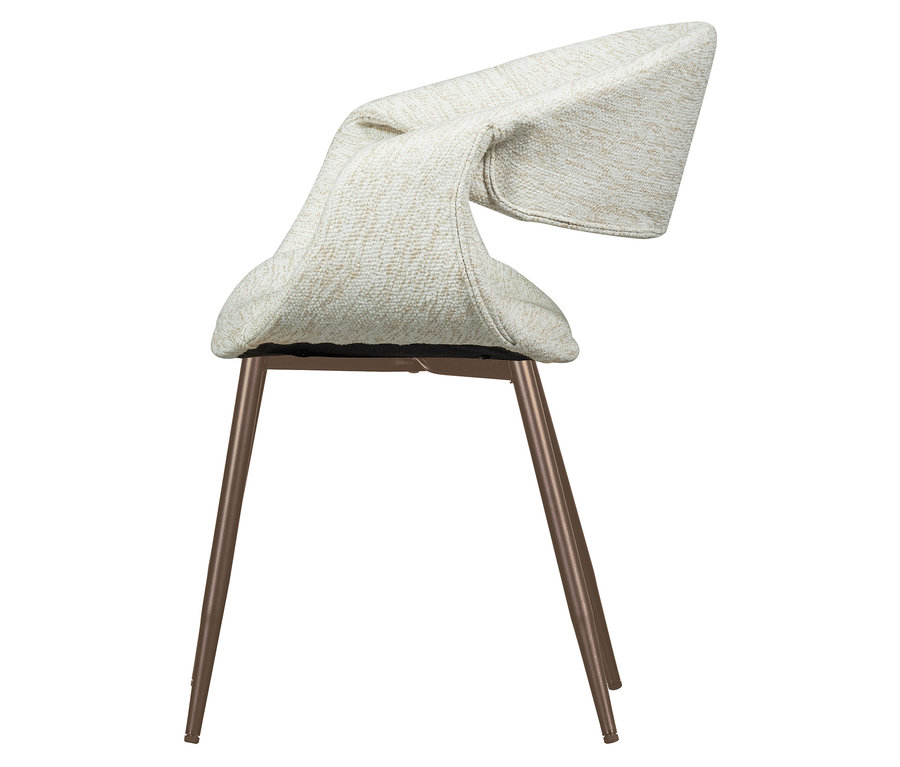 Ansicht eines einzelnen kupferfarbenen WOOOD »Yossi« Esszimmerstuhls (aus einem 2er-Set) mit Metallfuß und naturfarbener Sitzfläche vor einem weißen Hintergrund.