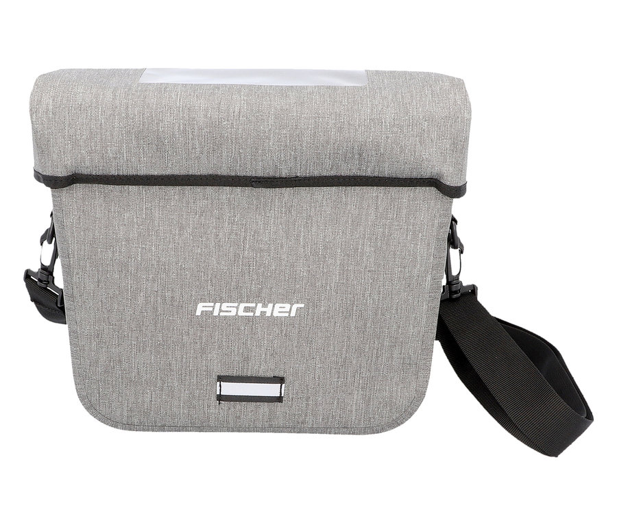 Graue FISCHER Lenkertasche PLUS Cita mit schwarzem Tragegurt und Reflektorstreifen.