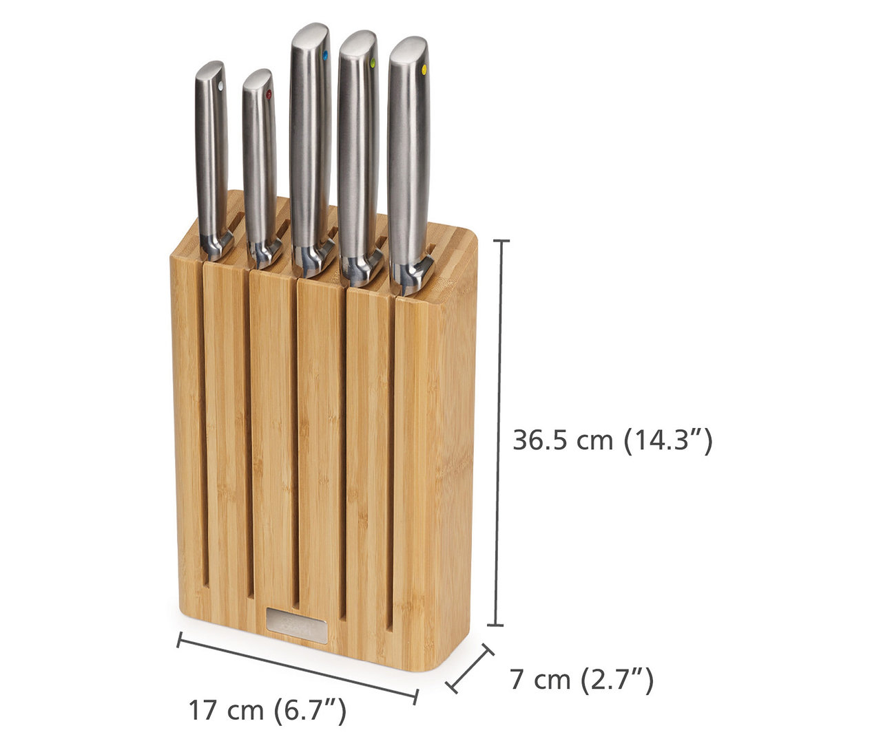 Joseph Joseph Schneidebretter und Messerblock aus Holz mit fünf Messern.