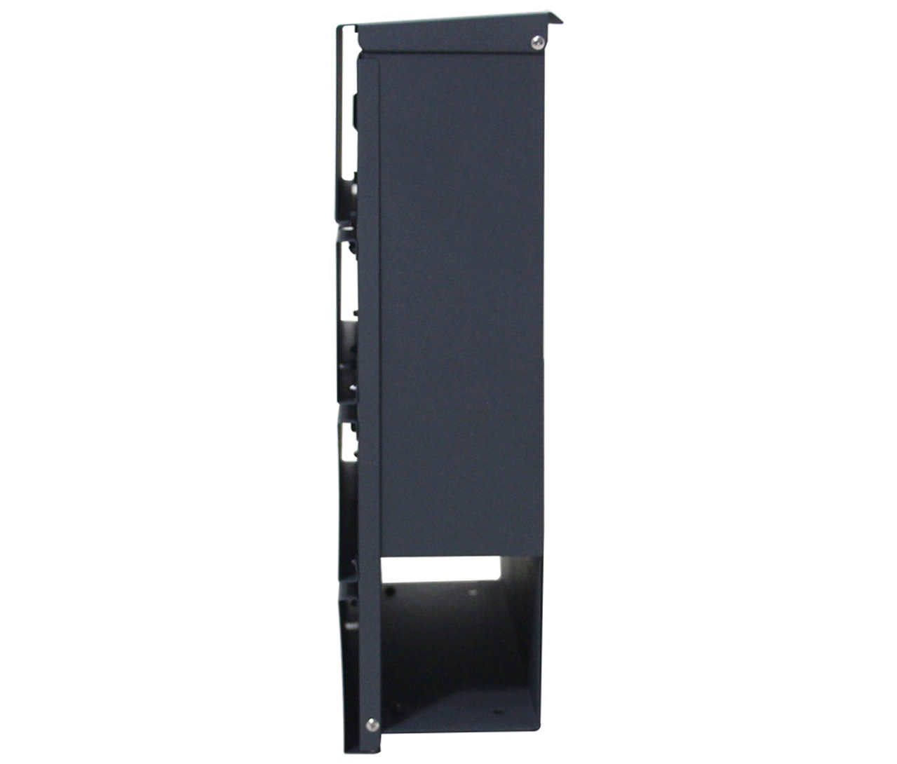 Seitenansicht eines grauen Serverschranks mit mehreren Fächern und Öffnungen.