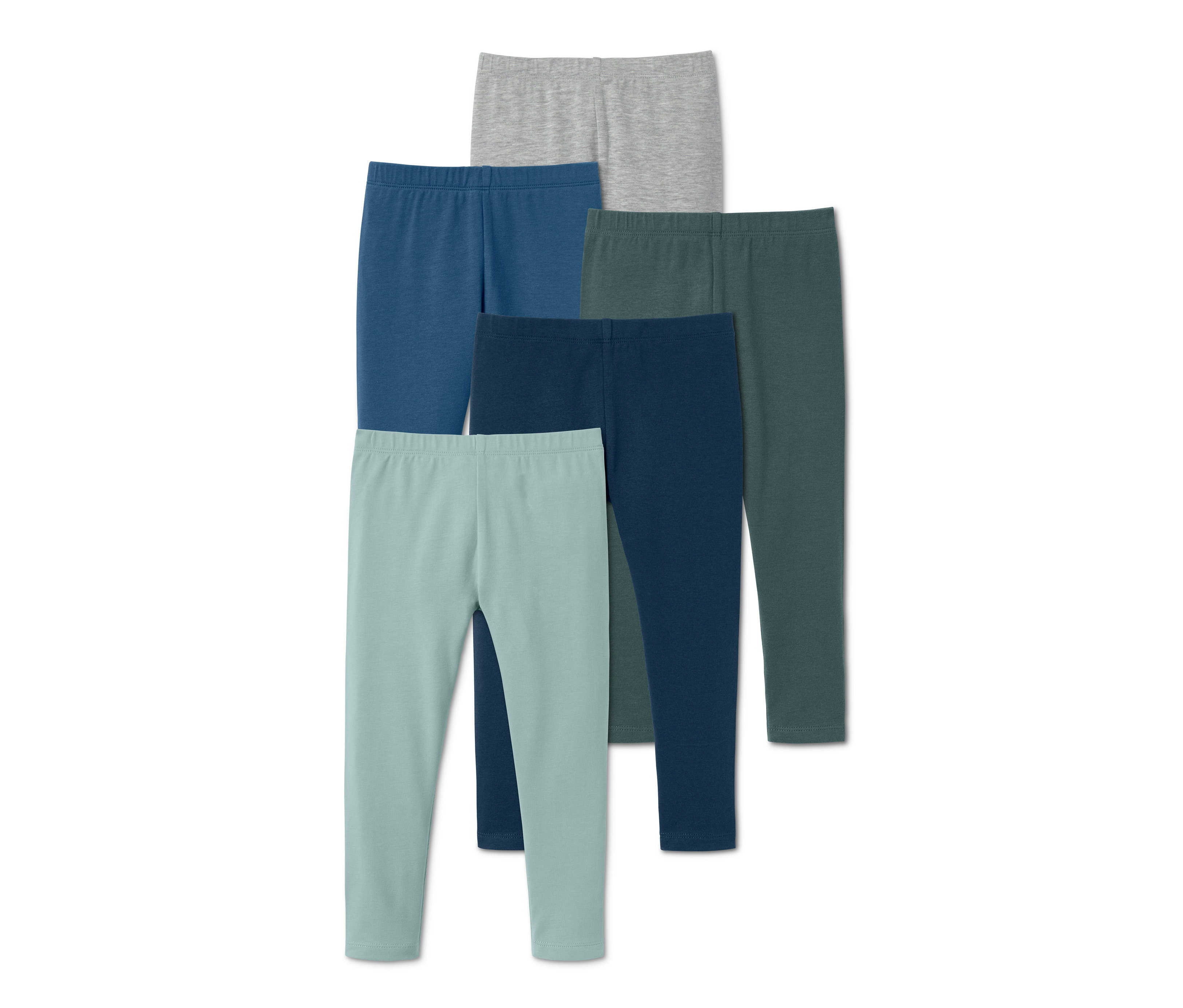 Fünf Jersey-Leggings in Blau, Grau und Grün.