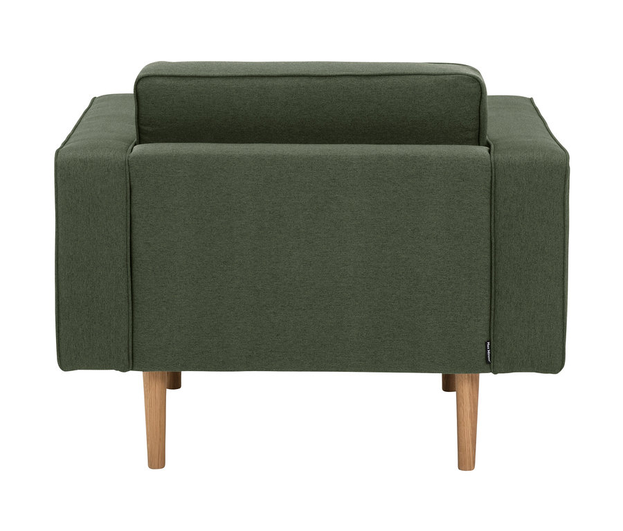 Rückansicht des grünen Sessels »Jules« mit Holzbeinen.