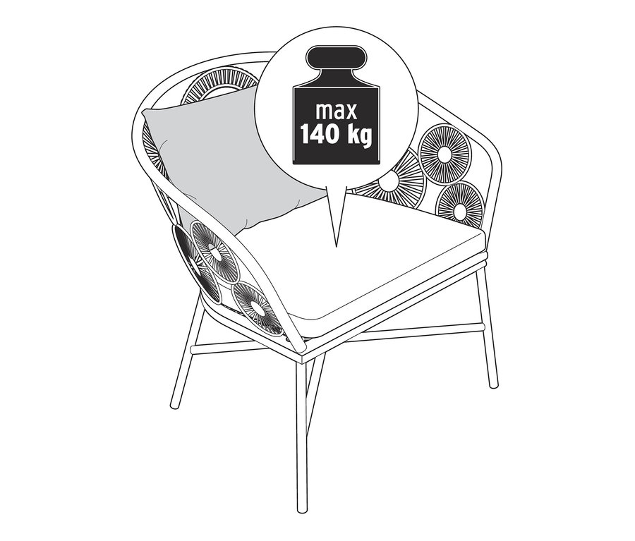 Eine Skizze von einem Loungesessel und einem Sessel mit Blumenmuster, mit Kissen und einer maximalen Belastbarkeit von 140 kg.