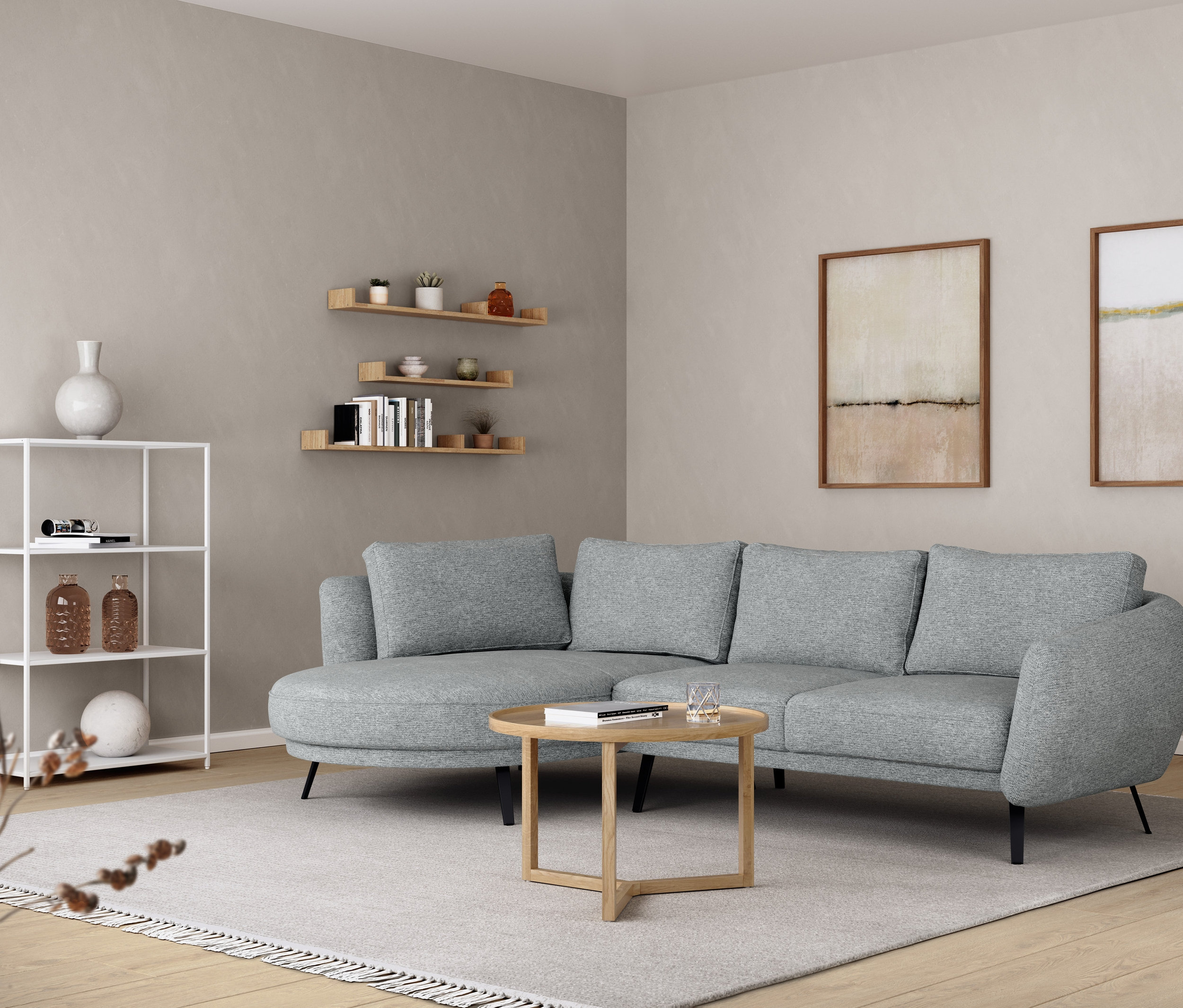 Wohnzimmer mit grauem Sofa, rundem Couchtisch, Metallkonsole und Wandregal, ca. 120 cm.