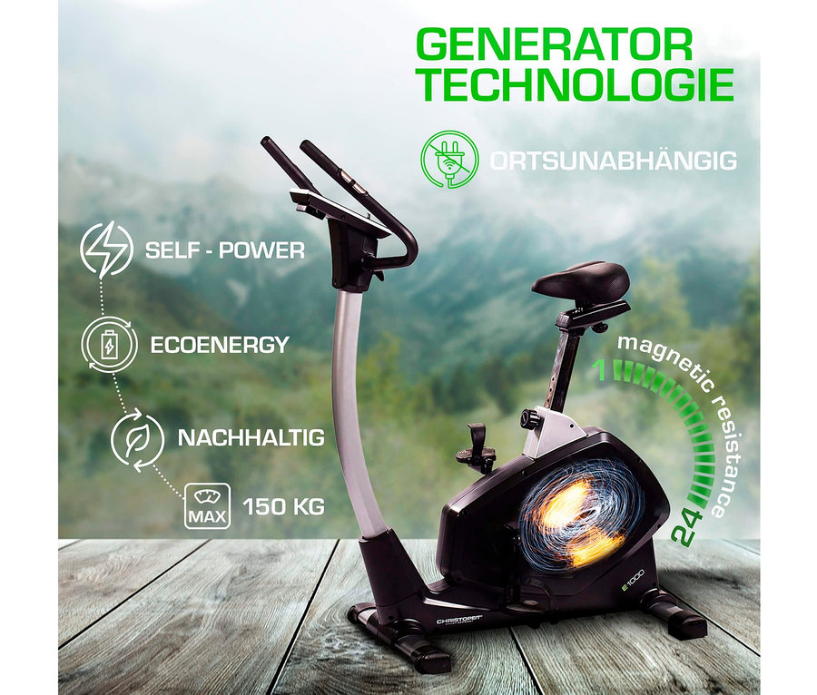 Der schwarze Christopeit Sport-Eco-Heimtrainer-Ergometer »EMT 2400« steht auf einem Holzboden vor einem verschwommenen Hintergrund.