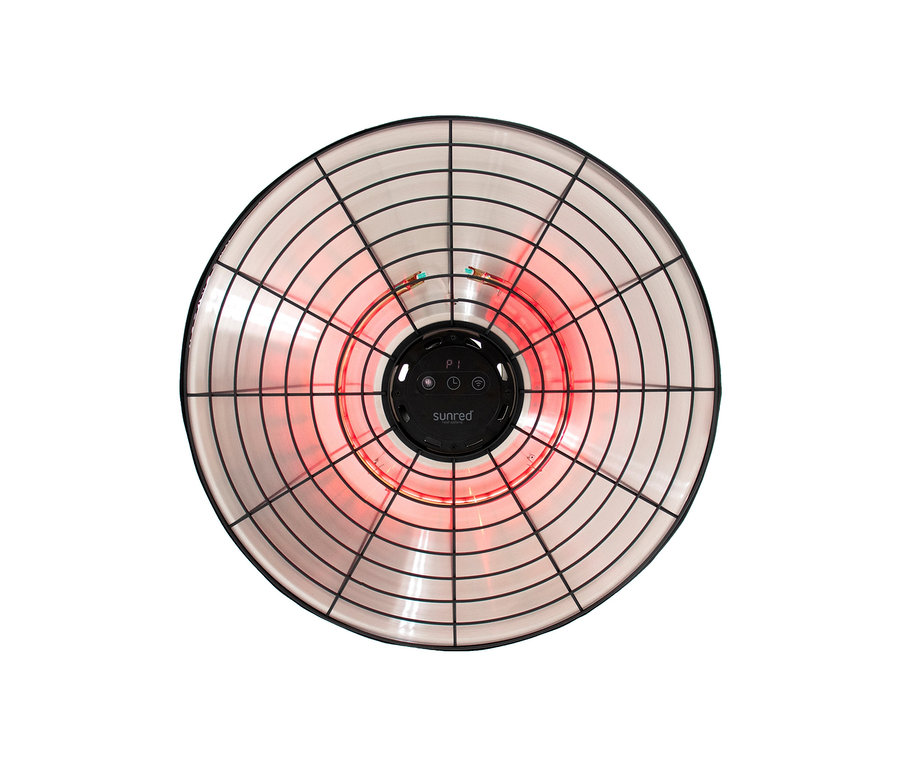 Detailansicht von oben des eingeschalteten Sunred® Smarter Hänge-Heizstrahlers Artix Moderna Ultra Hanging Black 2.000.