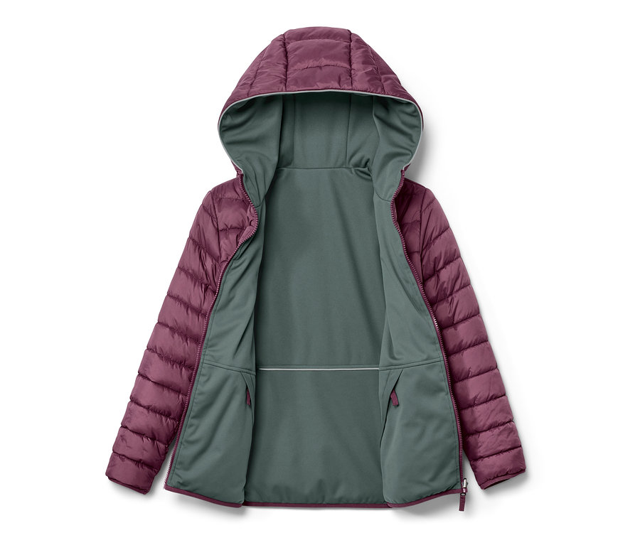 Offene 2-in-1-Kinder-Softshell-und-Steppjacke in Lila mit Kapuze und grauer Innenseite.