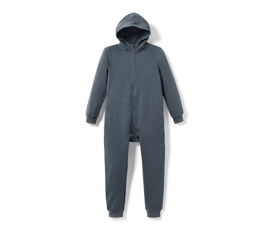 Blauer Kinder-Lounge-Onesie mit Kapuze und Reißverschluss.