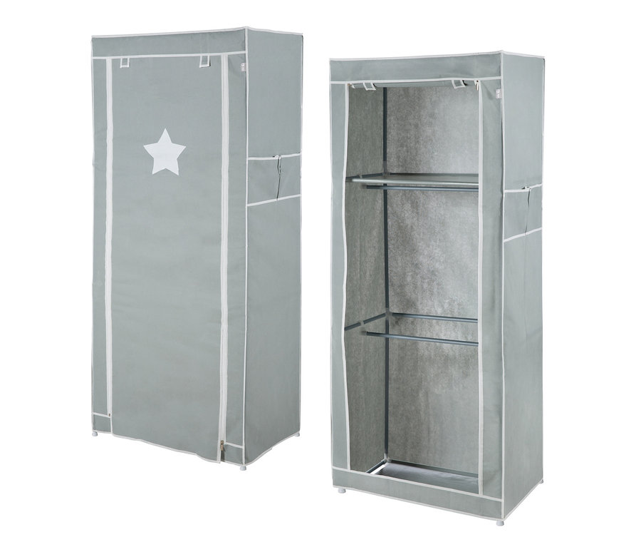 Grauer roba Textil-Kleiderschrank M, einer geschlossen mit weißem Stern, der andere offen mit Regalen.