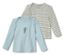 Zwei Baby-Langarmshirts mit Rippstruktur, eines hellblau mit Stickerei und eines mit grauen Streifen.