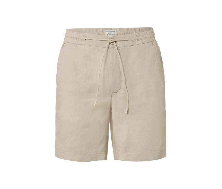 Beige Leinen-Shorts mit Kordelzug in der Taille.