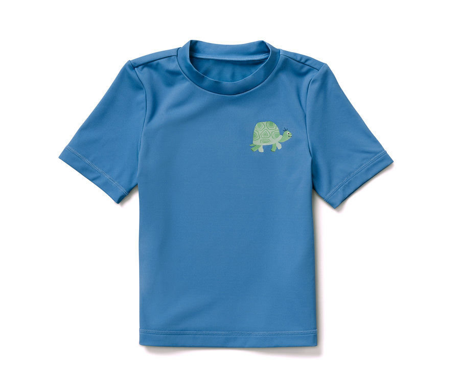 Blaues Kinder-Shirt mit UV-Schutzfaktor 80 und Schildkröten-Motiv.